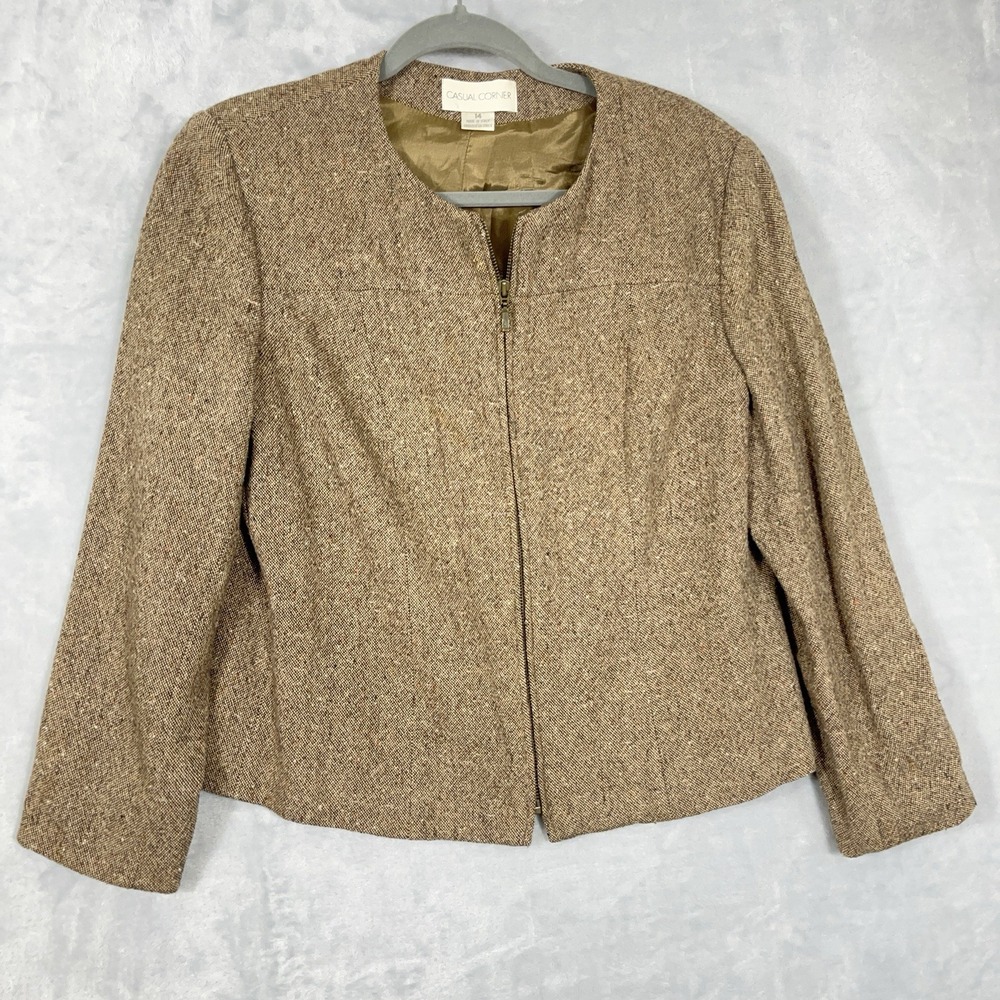 Casual Corner Womens Wool Blend Tweed Jacket 14 Zip Blazer Brown Career Academia